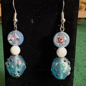 Hand Crafted Blue Glass and Painted Floral Earrings